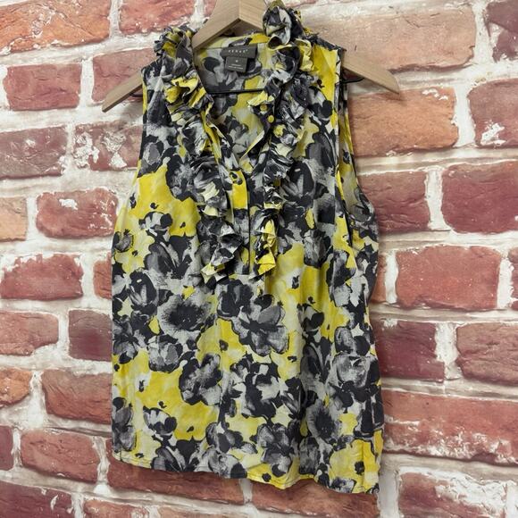 Kenar Top Women's Medium Yellow Multicolor Silk Floral Abstract Ruffle Shirt - Picture 4 of 8